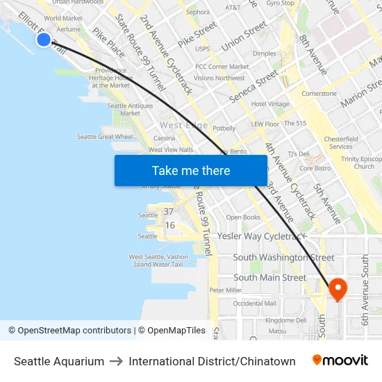 Seattle Aquarium to International District / Chinatown map
