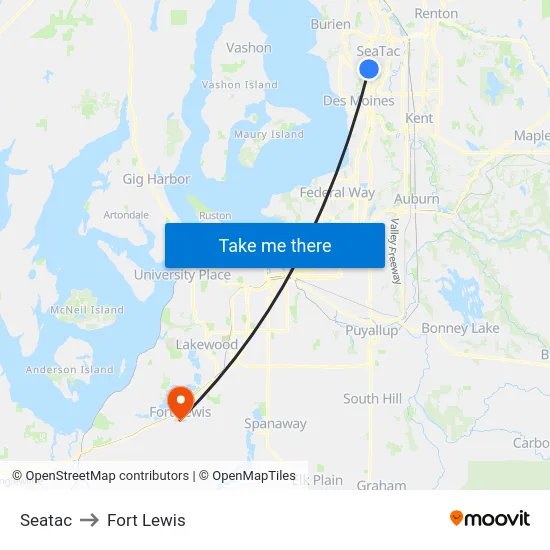 Seatac to Fort Lewis map