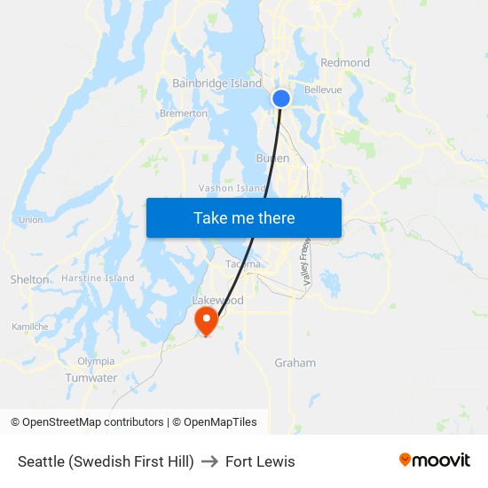 Seattle (Swedish First Hill) to Fort Lewis map