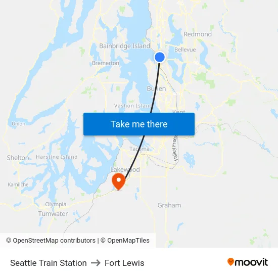 Seattle Train Station to Fort Lewis map