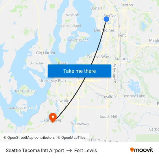 Seattle Tacoma Intl Airport to Fort Lewis map