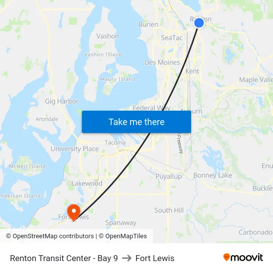 Renton Transit Center - Bay 9 to Fort Lewis map