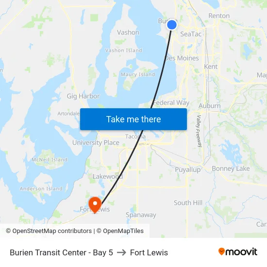 Burien Transit Center - Bay 5 to Fort Lewis map