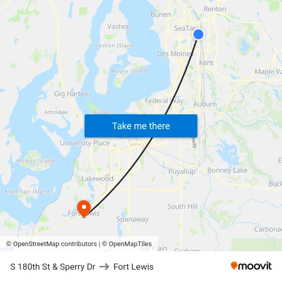 S 180th St & Sperry Dr to Fort Lewis map