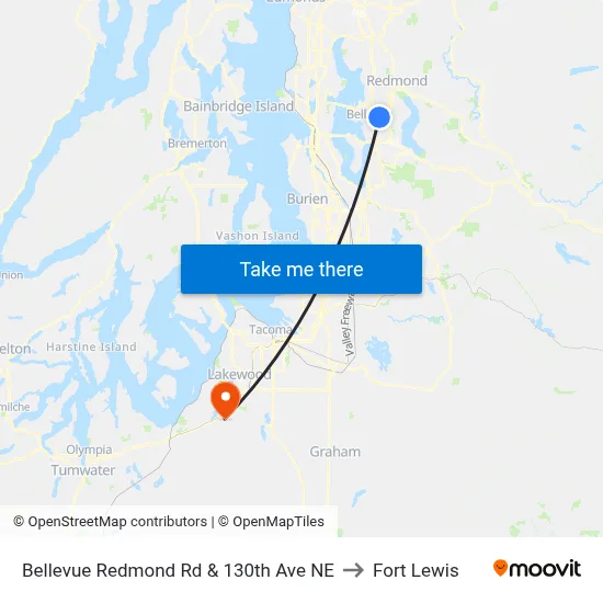 Bellevue Redmond Rd & 130th Ave NE to Fort Lewis map