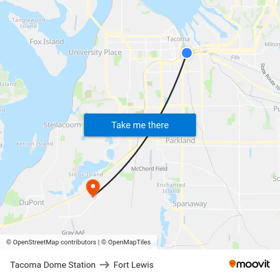 Tacoma Dome Station to Fort Lewis map