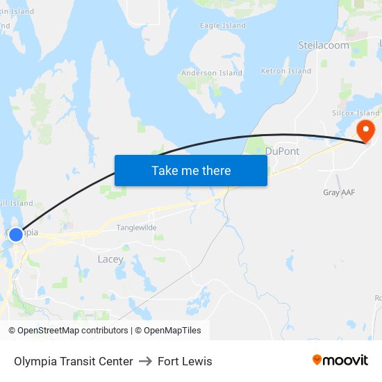 Olympia Transit Center to Fort Lewis map