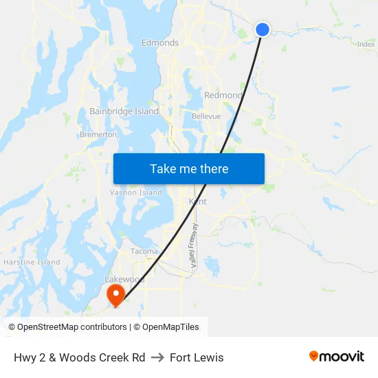 Hwy 2 & Woods Creek Rd to Fort Lewis map