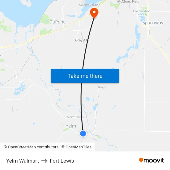 Yelm Walmart to Fort Lewis map