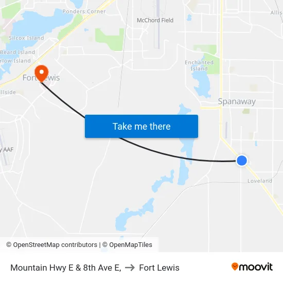 Mountain Hwy E & 8th Ave E, to Fort Lewis map
