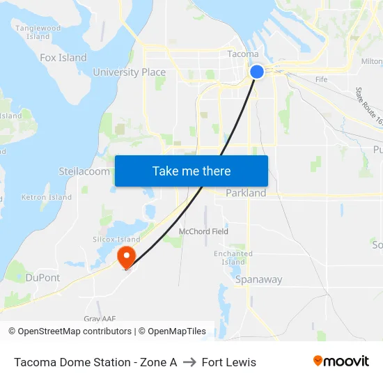 Tacoma Dome Station - Zone A to Fort Lewis map