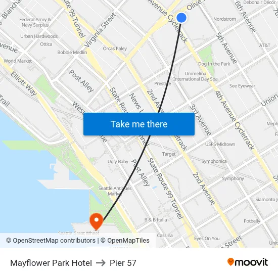 Mayflower Park Hotel to Pier 57 map