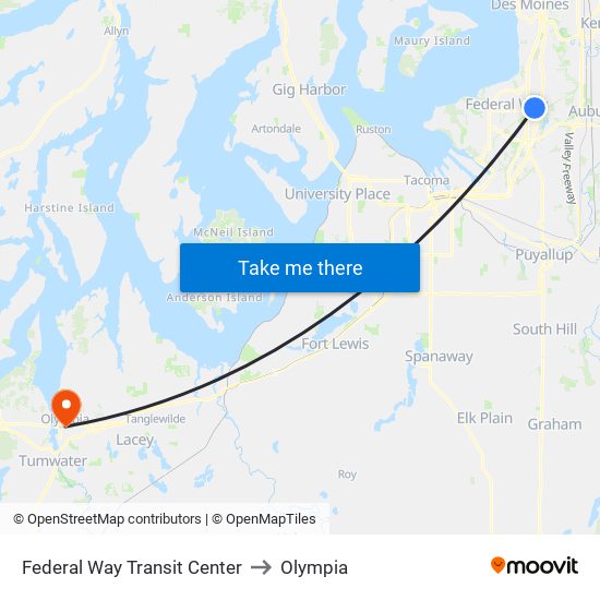 Federal Way Transit Center to Olympia map