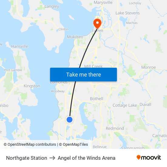 Northgate Station to Angel of the Winds Arena map