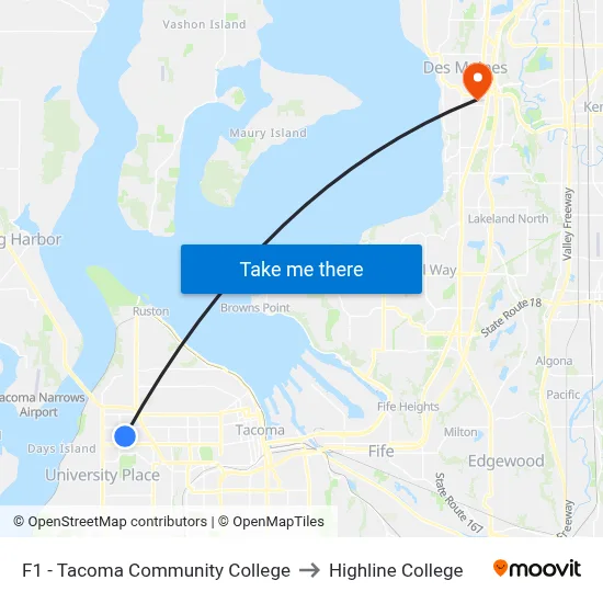 F1 - Tacoma Community College to Highline College map