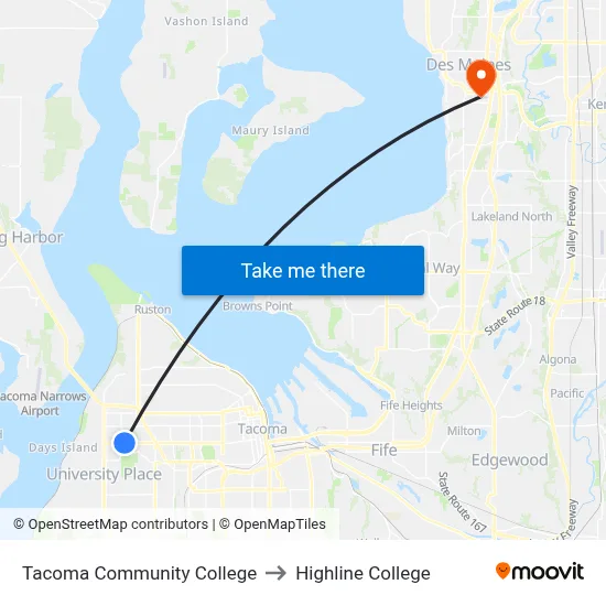 Tacoma Community College to Highline College map