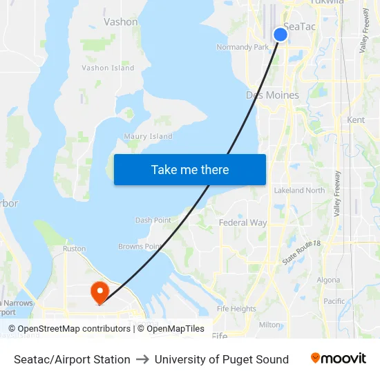 Seatac/Airport Station to University of Puget Sound map