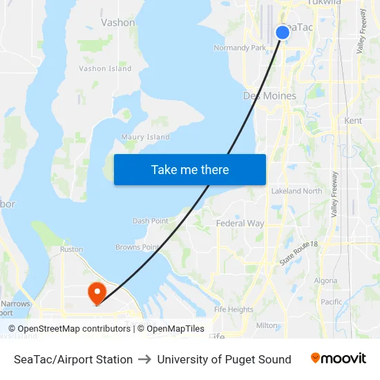 SeaTac/Airport Station to University of Puget Sound map
