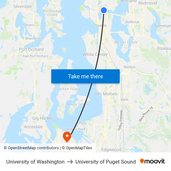 University of Washington to University of Puget Sound map