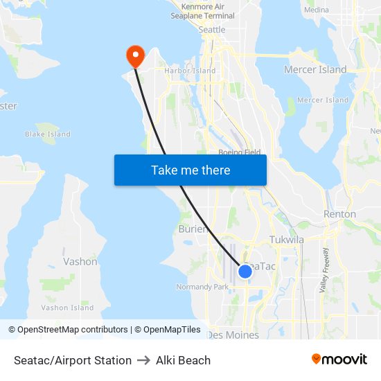 Seatac/Airport Station to Alki Beach map