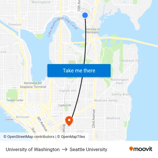 University of Washington to Seattle University map