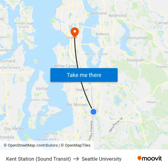 Kent Station (Sound Transit) to Seattle University map
