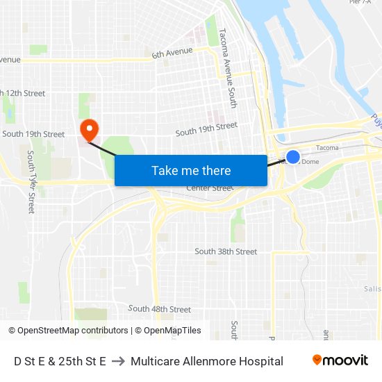 D St E & 25th St E to Multicare Allenmore Hospital map