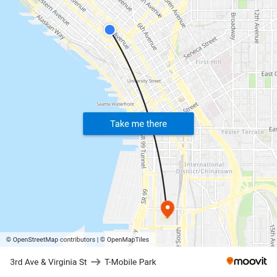 3rd Ave & Virginia St to T-Mobile Park map
