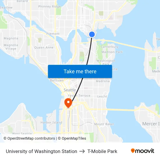 University of Washington Station to T-Mobile Park map