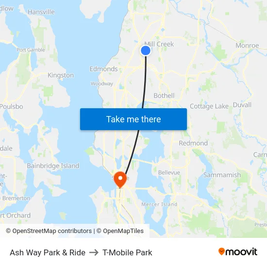 Ash Way Park & Ride to T-Mobile Park map
