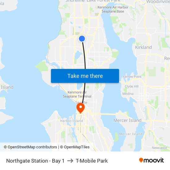 Northgate Station - Bay 1 to T-Mobile Park map