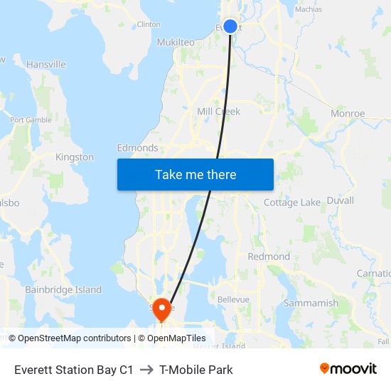 Everett Station Bay C1 to T-Mobile Park map
