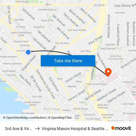 3rd Ave & Virginia St to Virginia Mason Hospital & Seattle Medical Center map