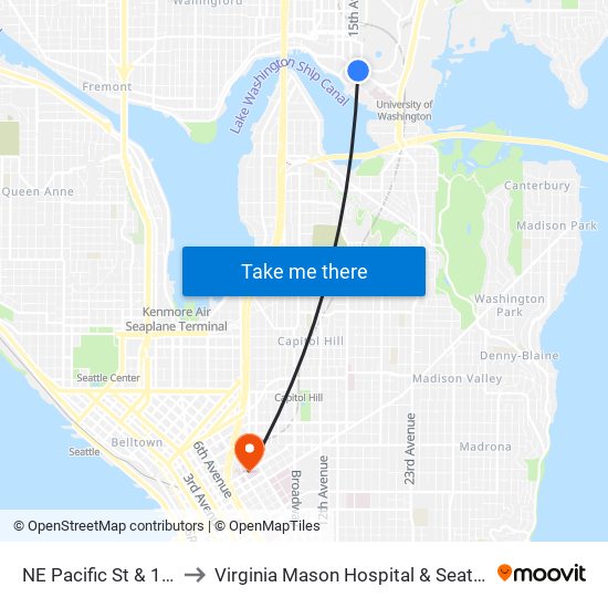 NE Pacific St & 15th Ave NE to Virginia Mason Hospital & Seattle Medical Center map
