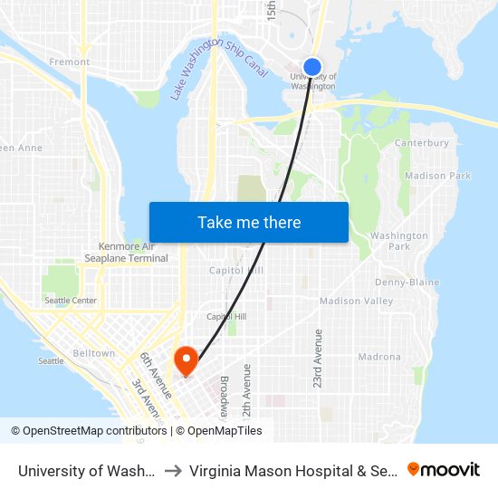 University of Washington Station to Virginia Mason Hospital & Seattle Medical Center map