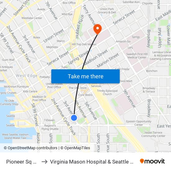 Pioneer Sq Station to Virginia Mason Hospital & Seattle Medical Center map