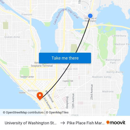 University of Washington Station to Pike Place Fish Market map