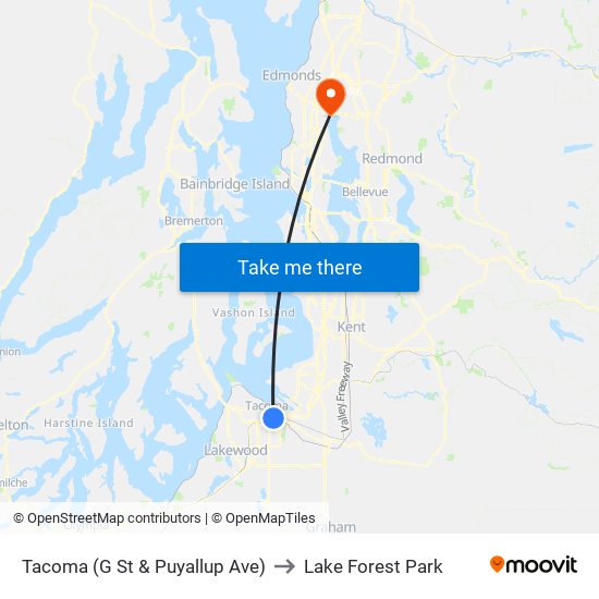 Tacoma (G St & Puyallup Ave) to Lake Forest Park map