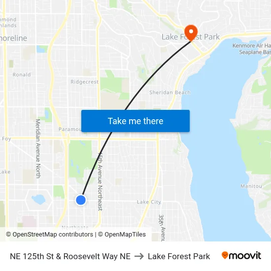 NE 125th St & Roosevelt Way NE to Lake Forest Park map