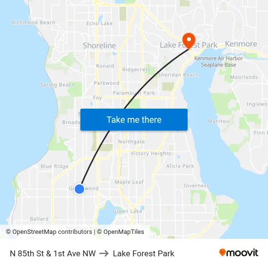 N 85th St & 1st Ave NW to Lake Forest Park map