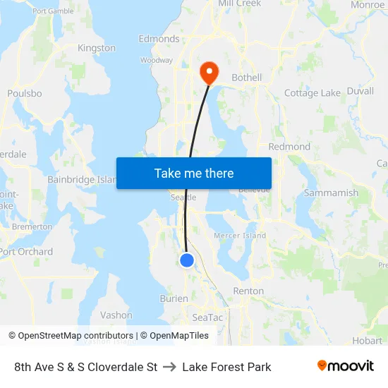 8th Ave S & S Cloverdale St to Lake Forest Park map