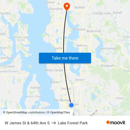 W James St & 64th Ave S to Lake Forest Park map