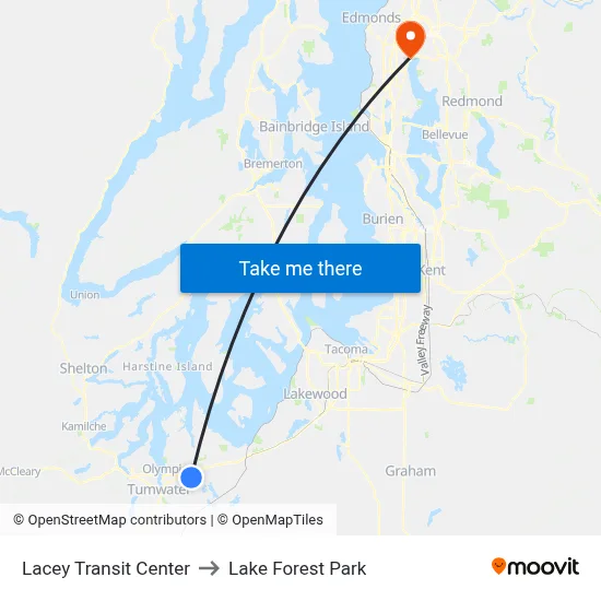 Lacey Transit Center to Lake Forest Park map