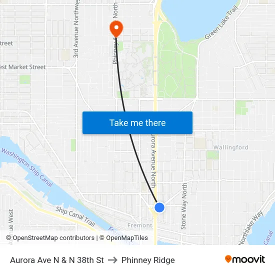 Aurora Ave N & N 38th St to Phinney Ridge map