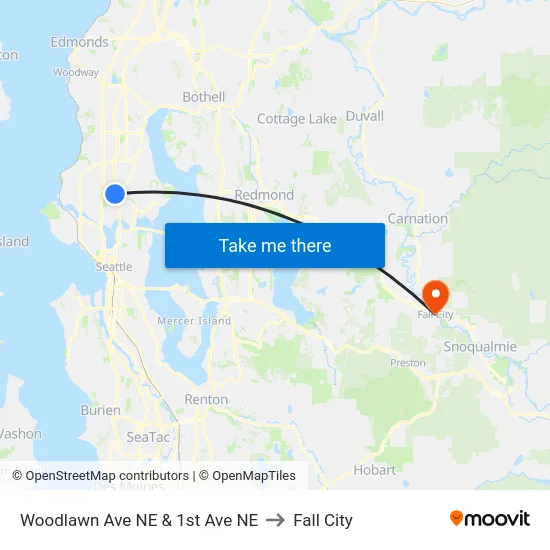 Woodlawn Ave NE & 1st Ave NE to Fall City map