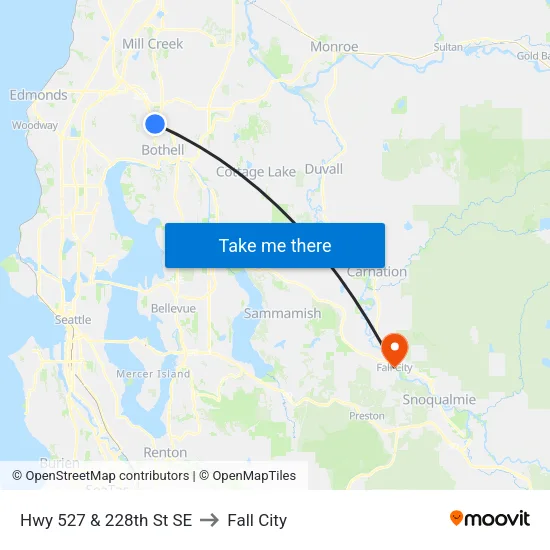 Hwy 527 & 228th St SE to Fall City map