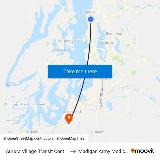 Aurora Village Transit Center - Bay 10 to Madigan Army Medical Center map