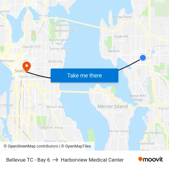 Bellevue TC - Bay 6 to Harborview Medical Center map