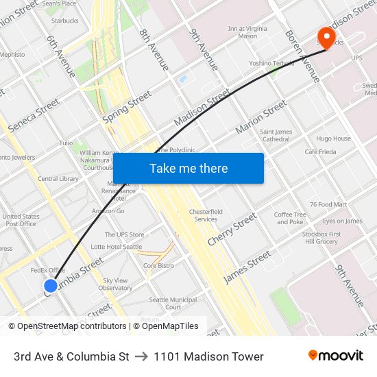 3rd Ave & Columbia St to 1101 Madison Tower map