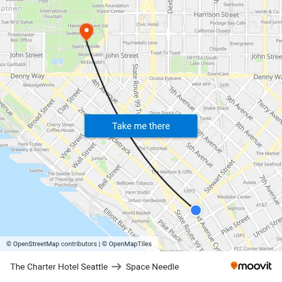 The Charter Hotel Seattle to Space Needle map